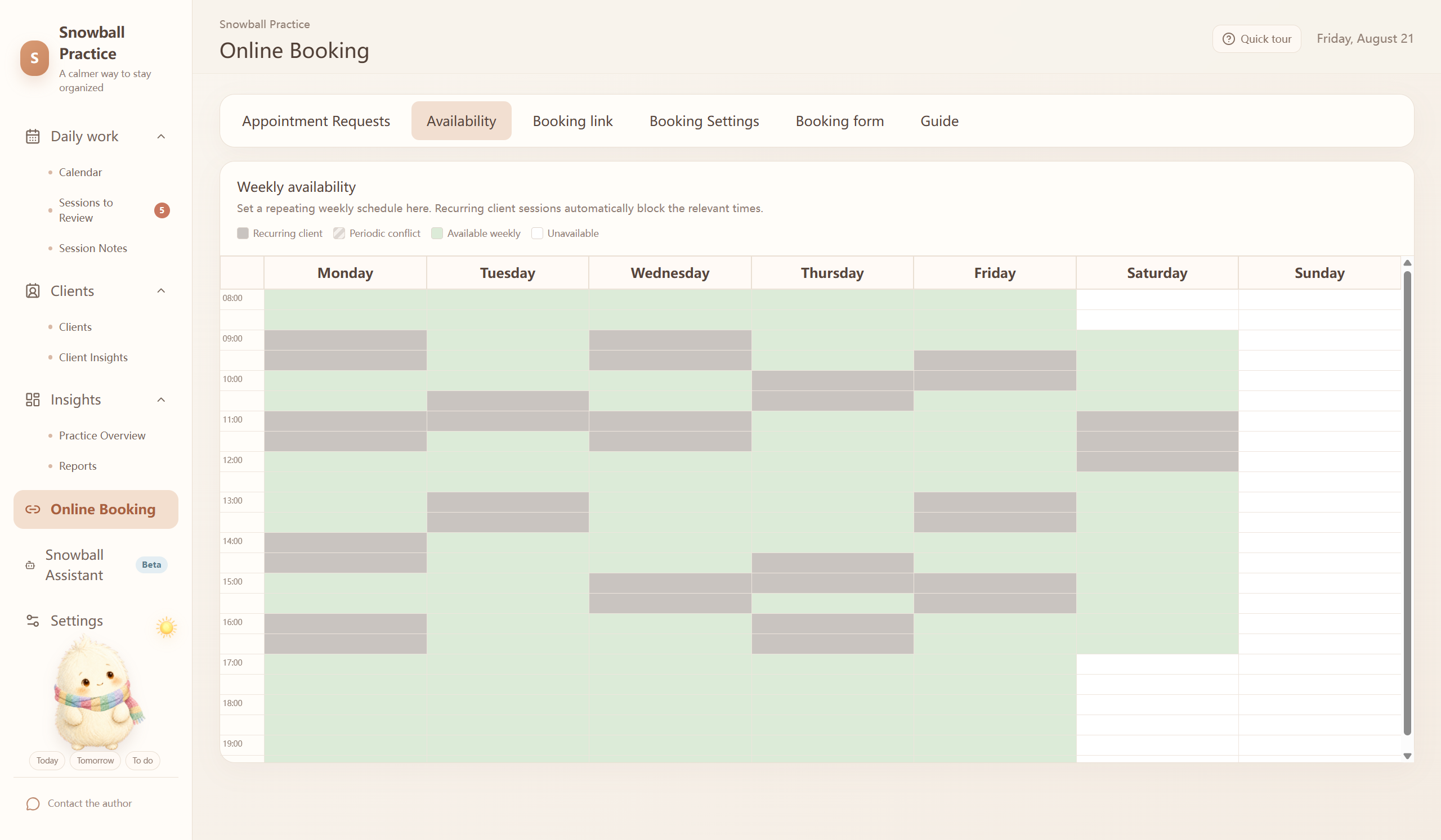 A therapist sets weekly availability in Snowball Practice