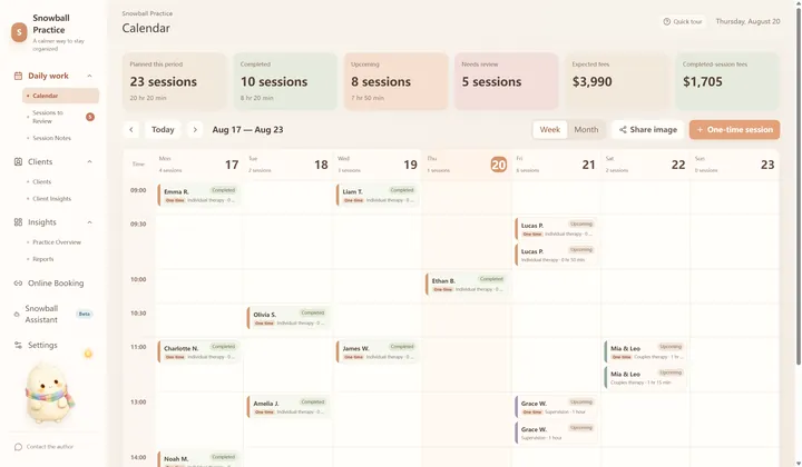Calendar workspace screen in Snowball Practice