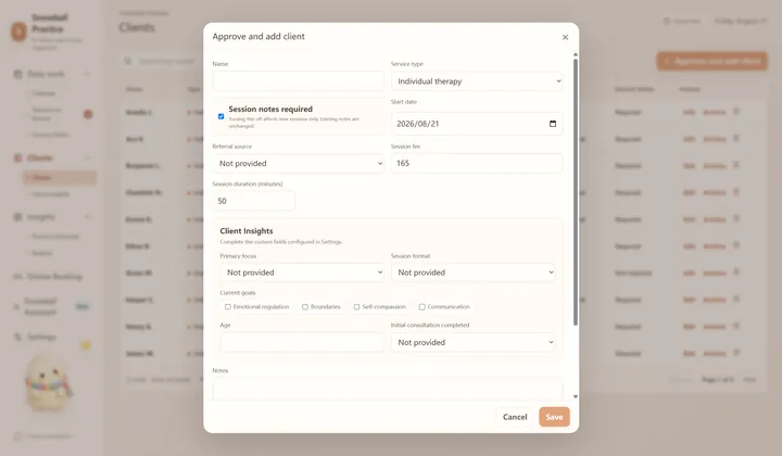 Clients and schedules screen in Snowball Practice
