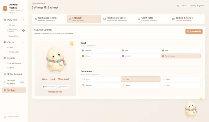 Companion and local settings screen in Snowball Practice